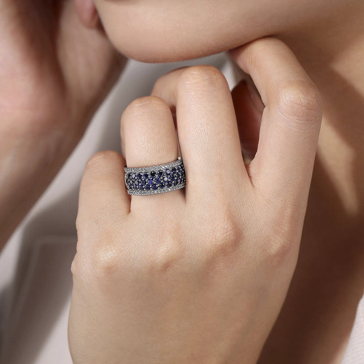 S925 Sterling Silver Wide Pavé Sapphire & Clear Crystal Band Ring