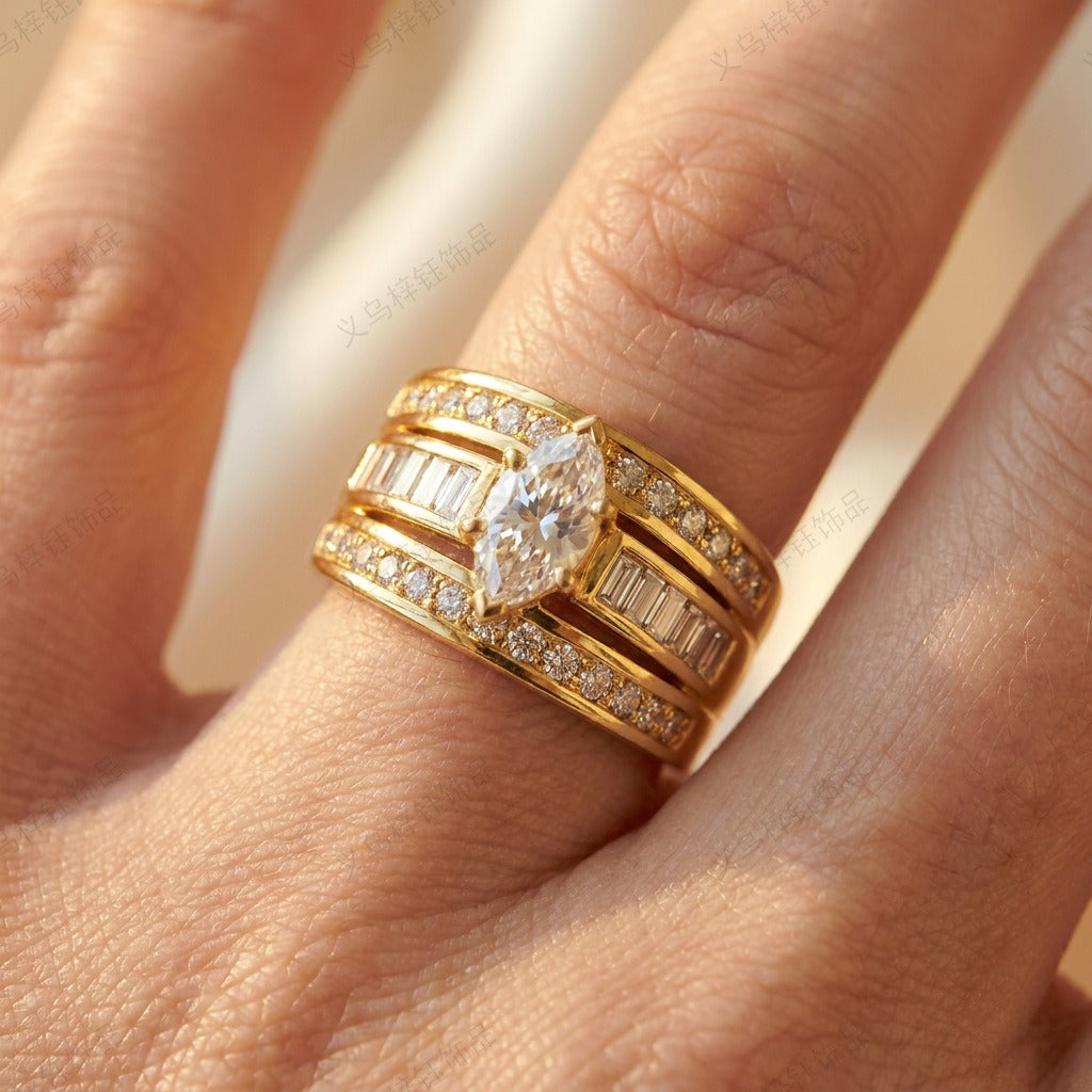 Vintage Wide Marquise Statement Mixed-Cut Pave Bands Ring