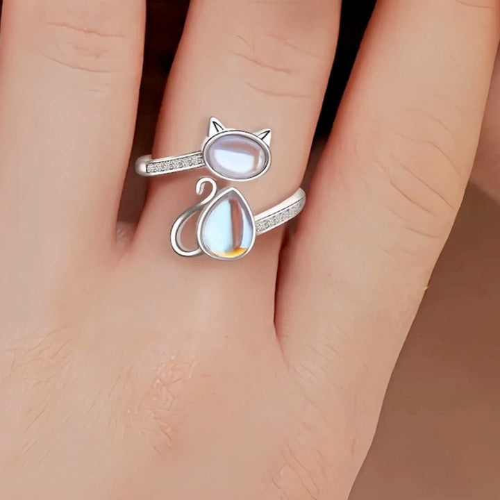 S925 Sterling Silver Moonstone Cat Ring