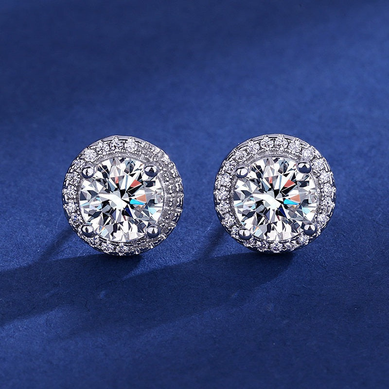 S925 Silver Moissanite Halo Stud Earrings