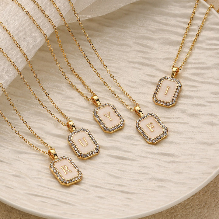 18K Gold Mother of Pearl Initial Necklace CZ Framed A-Z Square Letter Pendant
