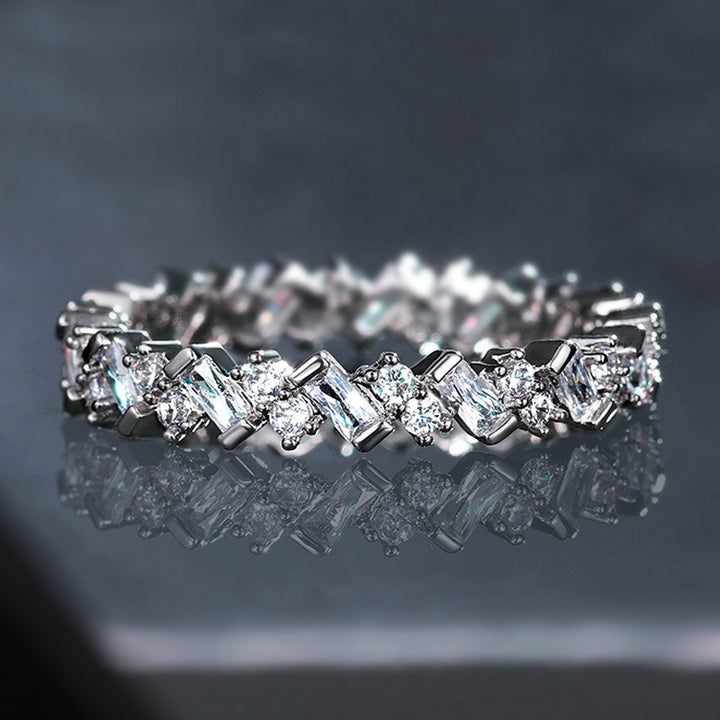 S925 Silver Art Deco Eternity Band Alternating Baguette & Round Cut CZ Ring