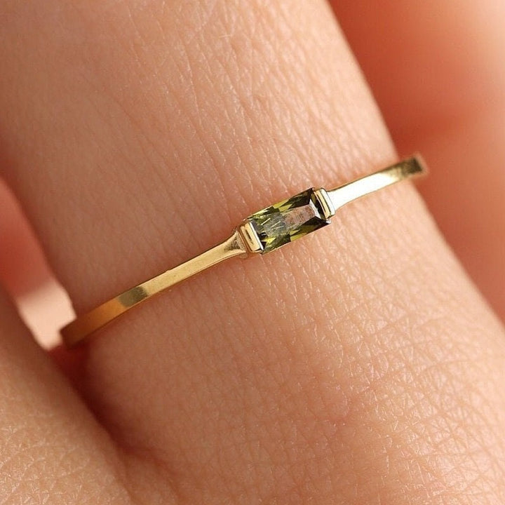18K Gold Dainty Band Minimalist Olive Green Baguette Ring
