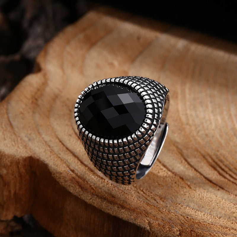 S925 Silver Black Obsidian Mesh Ring