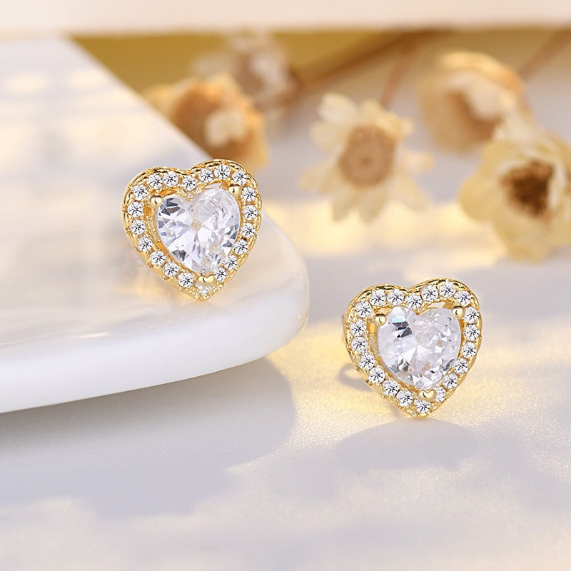 18K Gold & Silver Heart Halo CZ Stud Earrings