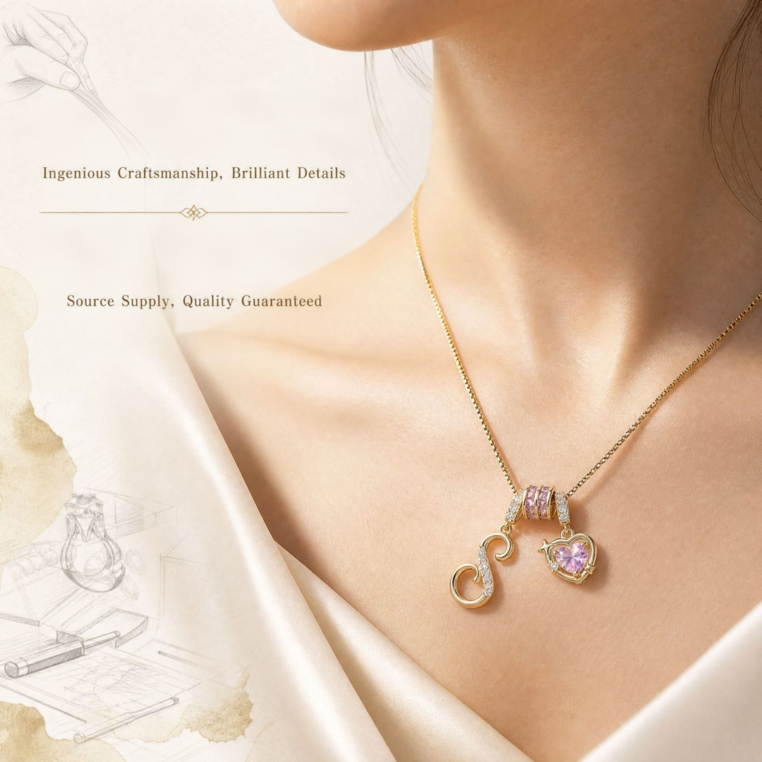 Romantic Custom · 18K Gold Plated Letter & Pink Heart DIY Necklace