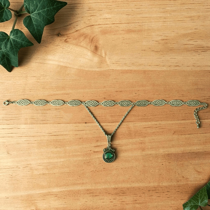 Vintage Celtic Knot Green Stone Choker Mystical Druid Nature Necklace