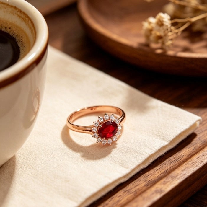 18K Rose Gold Diamond Halo Vintage Pigeon Blood Ruby Ring