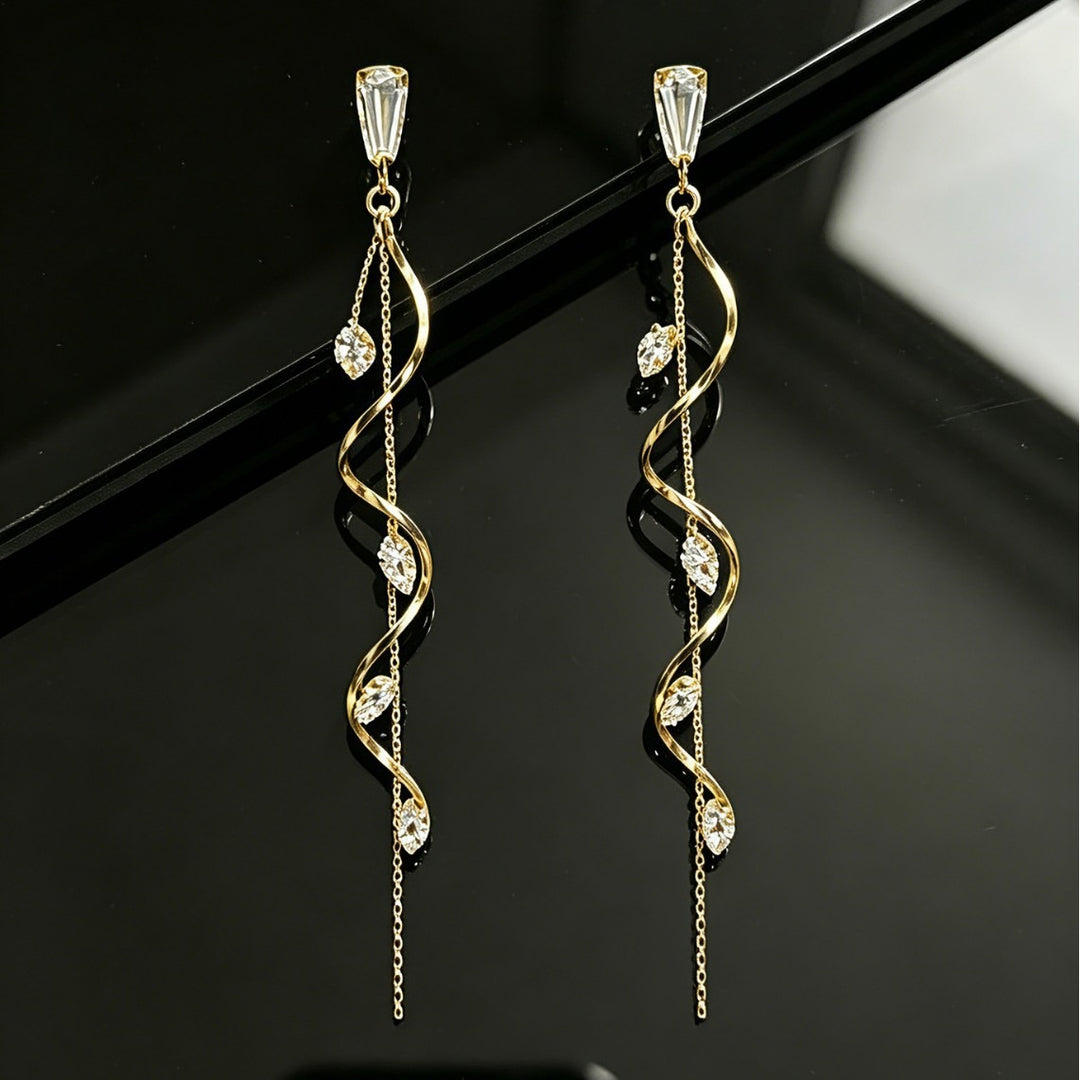 S925 Silver Vine Leaf Tassel Threader Earrings Ethereal Marquise CZ Long Drop Earrings