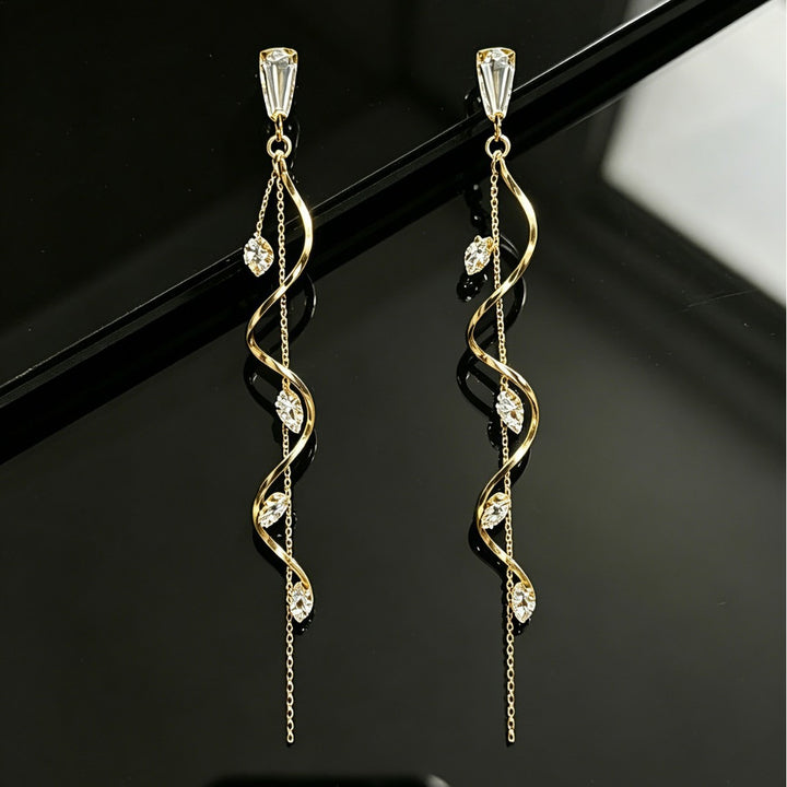 S925 Silver Vine Leaf Tassel Threader Earrings Ethereal Marquise CZ Long Drop Earrings