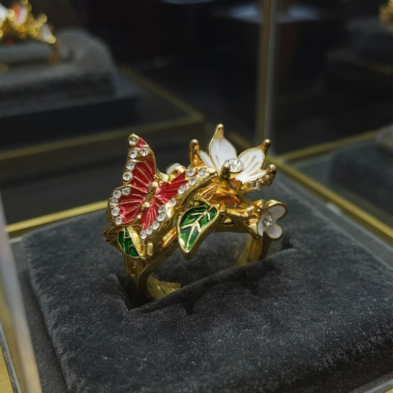 Vintage French Enamel Butterfly & Flower Open Ring