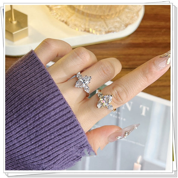 S925 Sterling Silver Classic Three-Stone Marquise Ring Vintage Elegant Engagement Ring