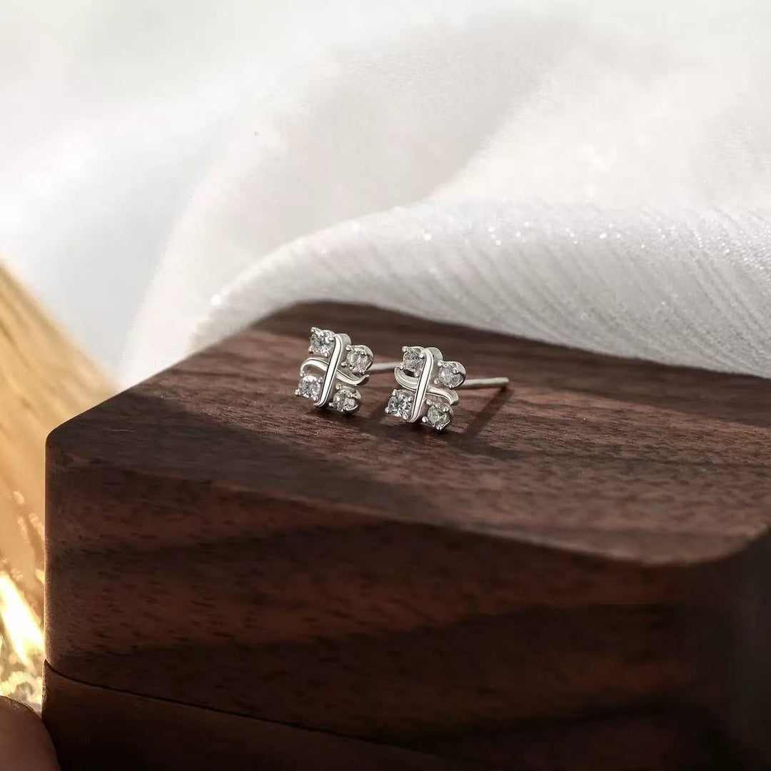 S925 Silver Criss-Cross Ribbon Four-Stone Stud Earrings Minimalist Geometric CZ Dainty Earrings