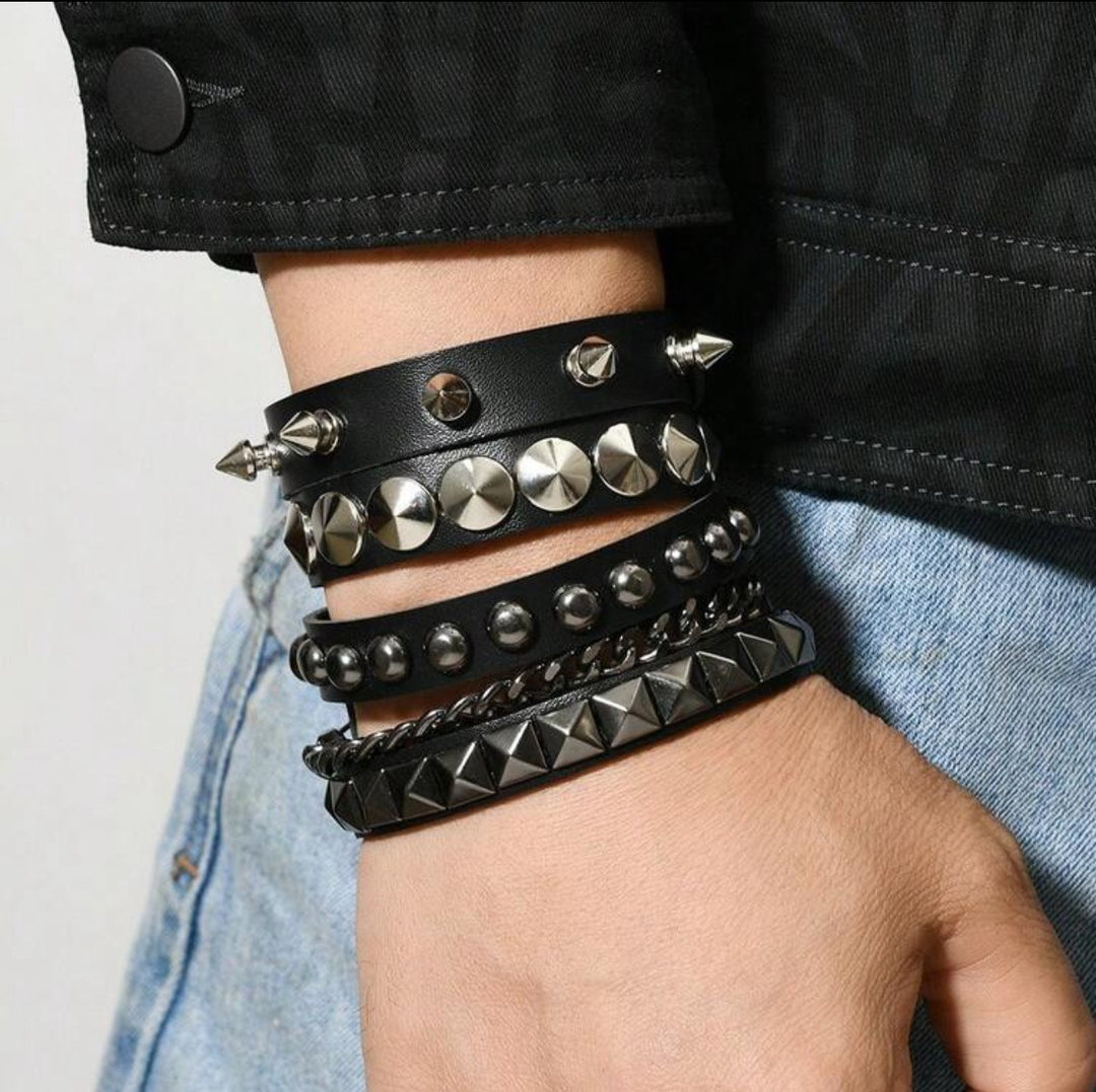 Vintage Rock Chic Studded Leather Bracelet Set