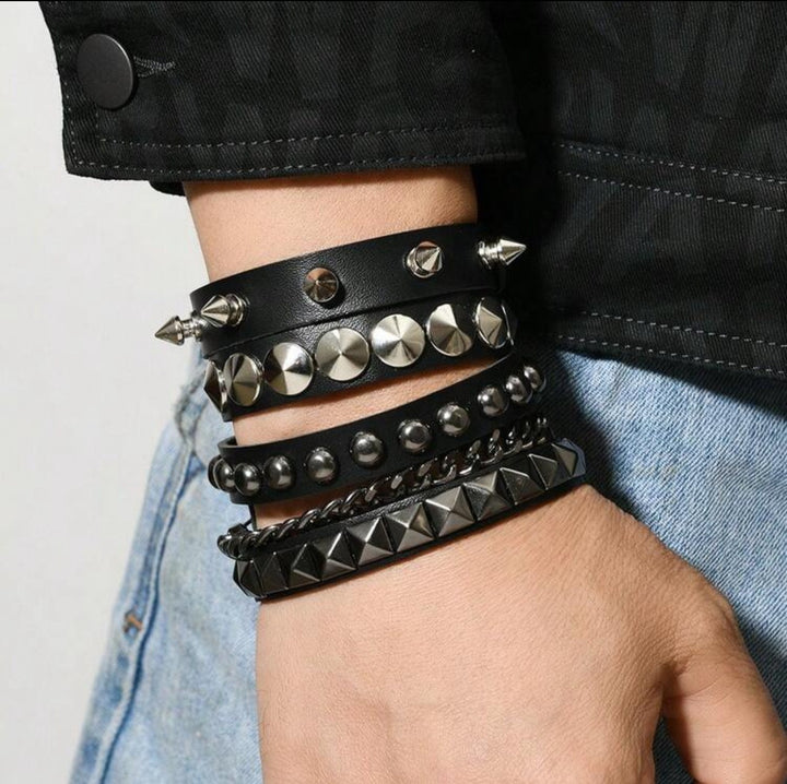 Vintage Rock Chic Studded Leather Bracelet Set