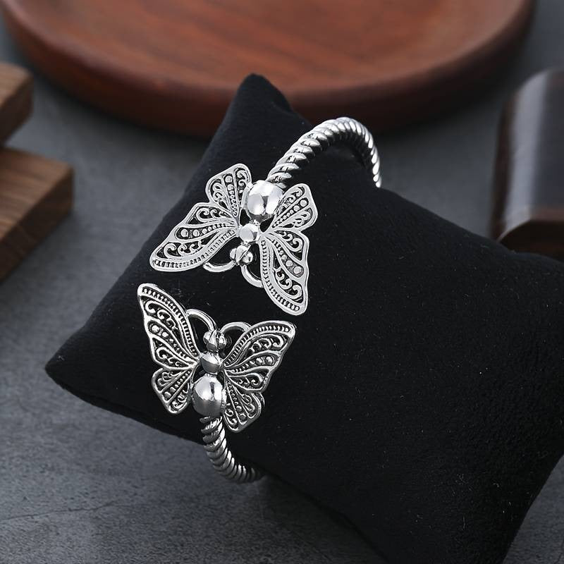 S925 Sterling Silver Twisted Texture Vintage Butterfly Open Cuff Bracelet