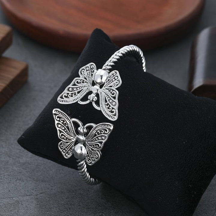 S925 Sterling Silver Twisted Texture Vintage Butterfly Open Cuff Bracelet