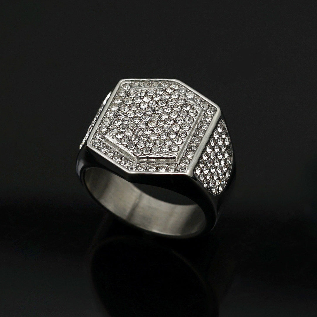S925 Sterling Silver Iced Out Hexagon Signet Ring