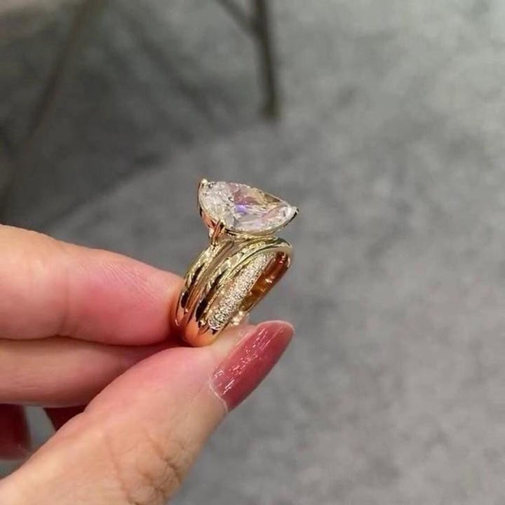 French Luxury 14K Gold Plated Pear-Cut Solitaire & Pavé Intertwined Ring