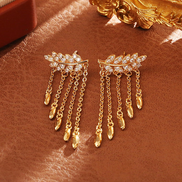 S925 Silver Pavé Laurel Leaf Tassel Earrings Botanical Ethereal Long Drop Earrings