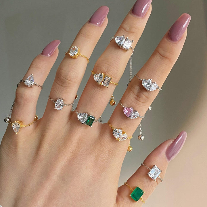S925 Silver Adjustable Chain Ring | Teardrop, Emerald & Oval CZ