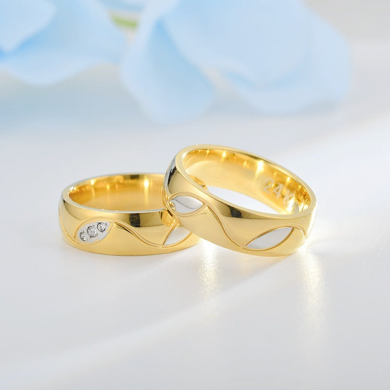 18K Gold Two-Tone Wave Couple Rings Wide Comfort Fit Wedding Bands