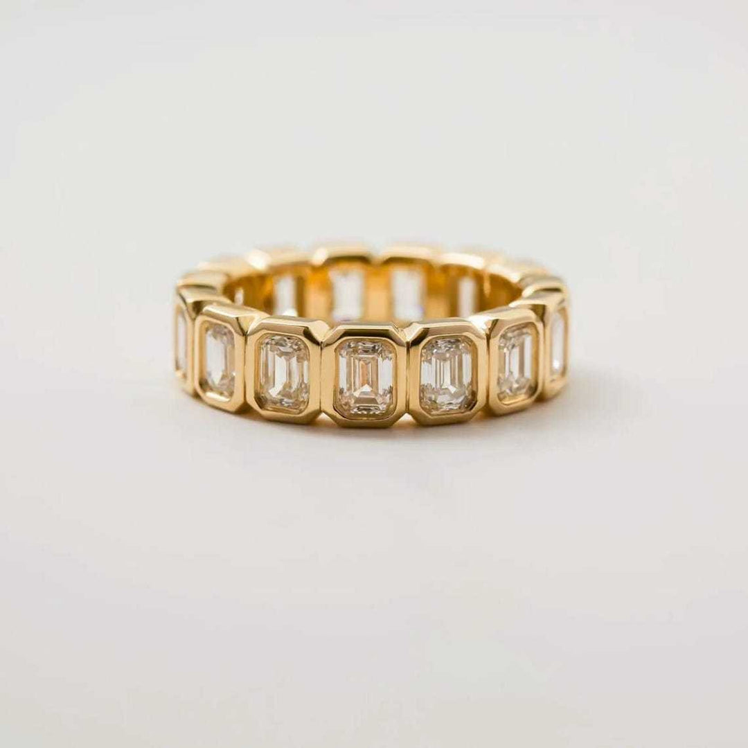 18K Gold Emerald Cut Eternity Band Geometric Bezel Set Ring