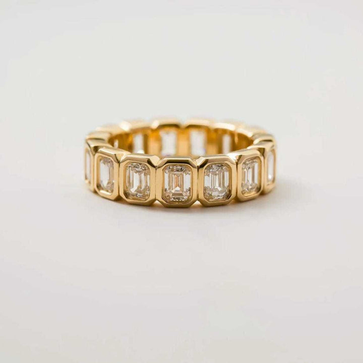 18K Gold Emerald Cut Eternity Band Geometric Bezel Set Ring