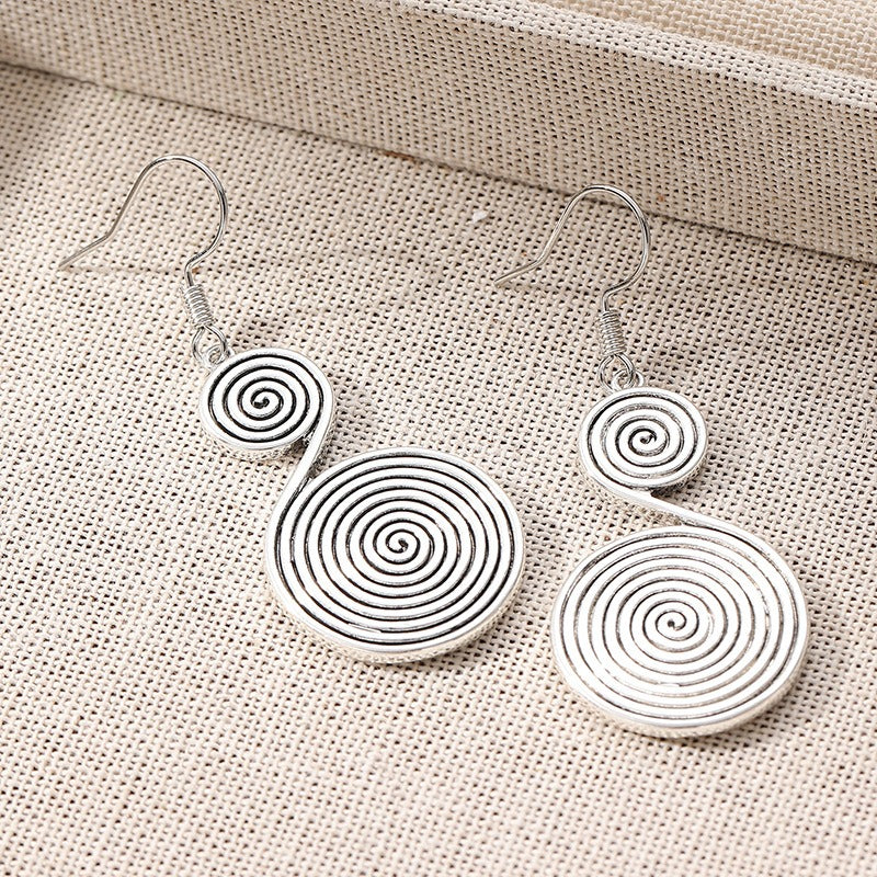 Vintage Spiral Drop Earrings Oxidized Silver-Tone Double Disc Dangle