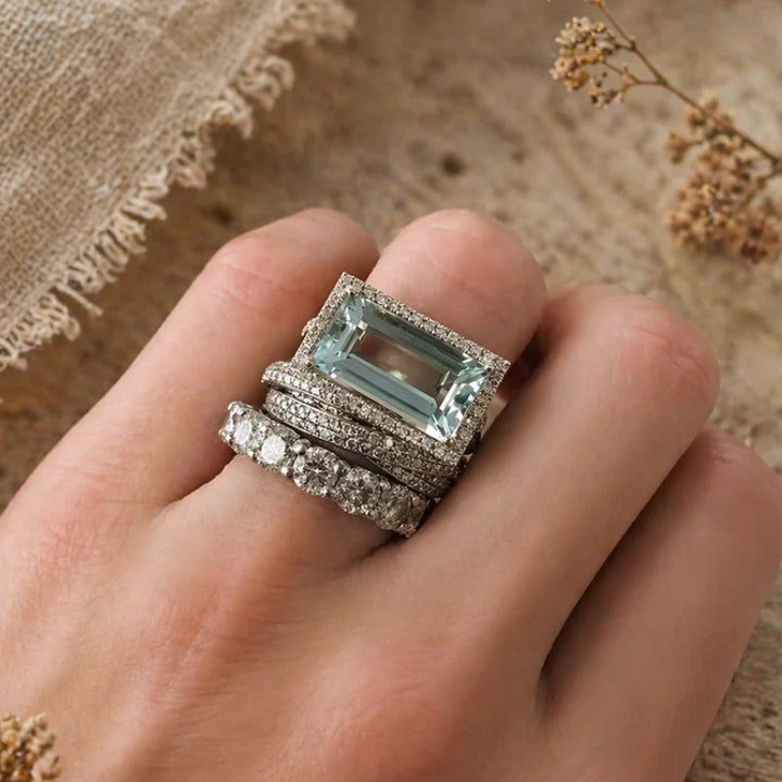 S925 Sterling Silver Vintage Rectangular Stone 3-Piece Ring Set Luxe Stacking Pavé Band Set