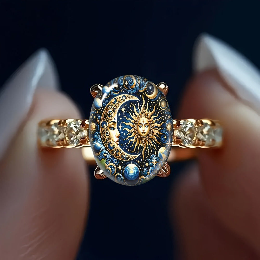 18K Gold Vintage Sun & Moon Ring Mysterious Celestial Art Ring