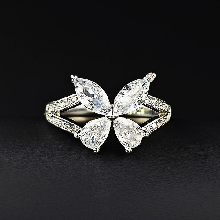 18K Gold Four-Stone Butterfly Open Ring Marquise CZ Adjustable Statement Ring