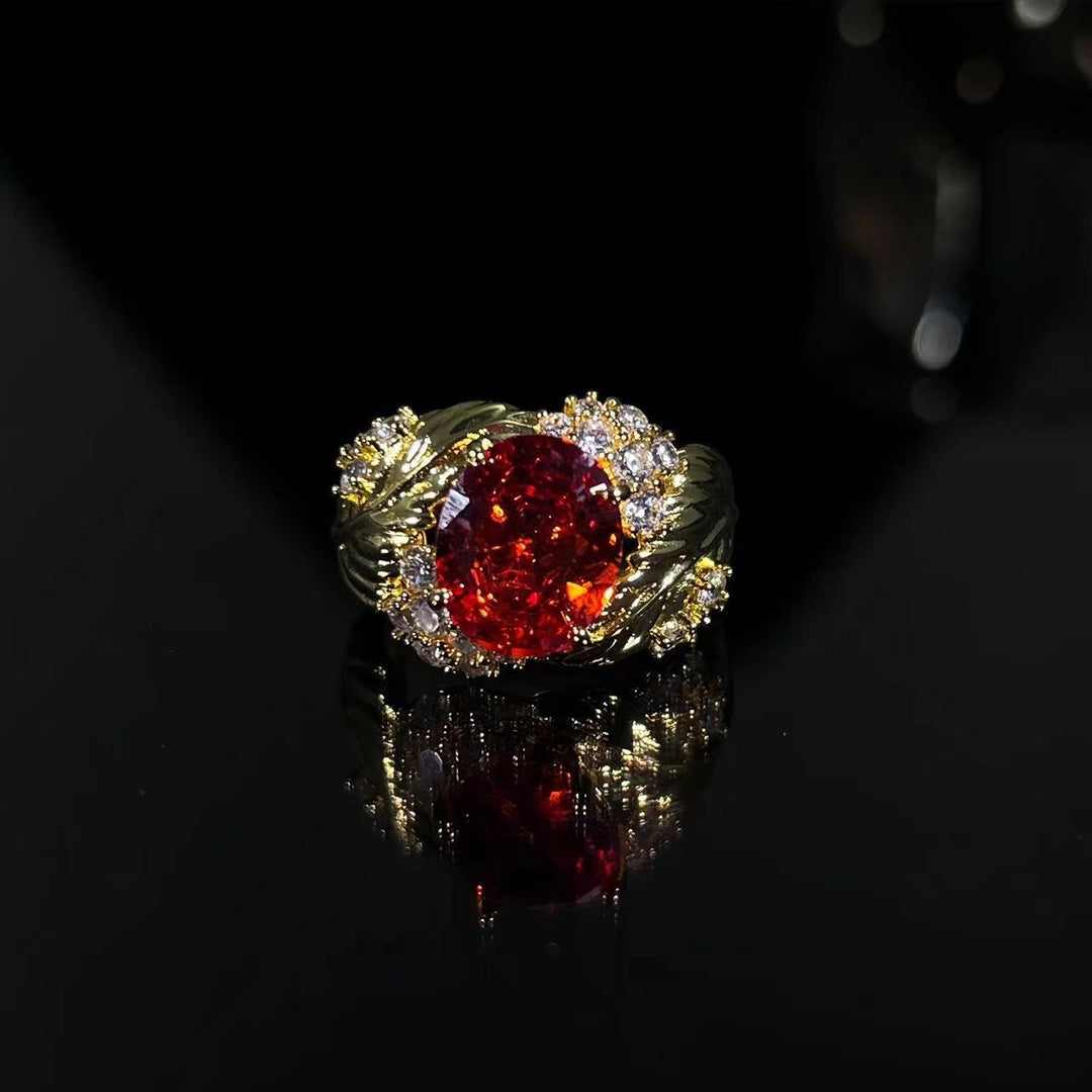 Vintage Feather & Leaf Open Ring Ruby or Champagne Center Stone