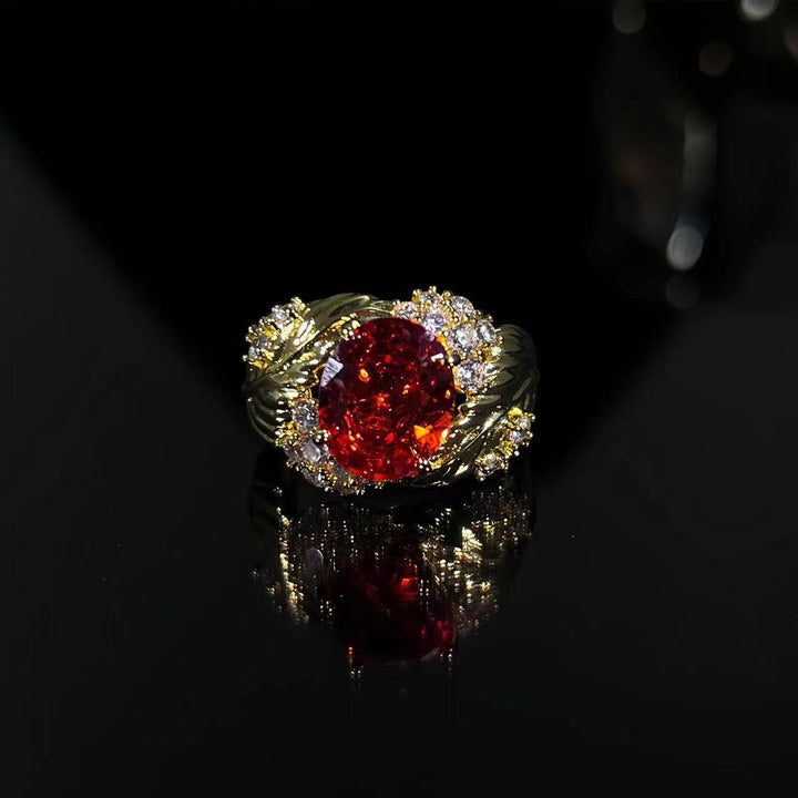 Vintage Feather & Leaf Open Ring Ruby or Champagne Center Stone