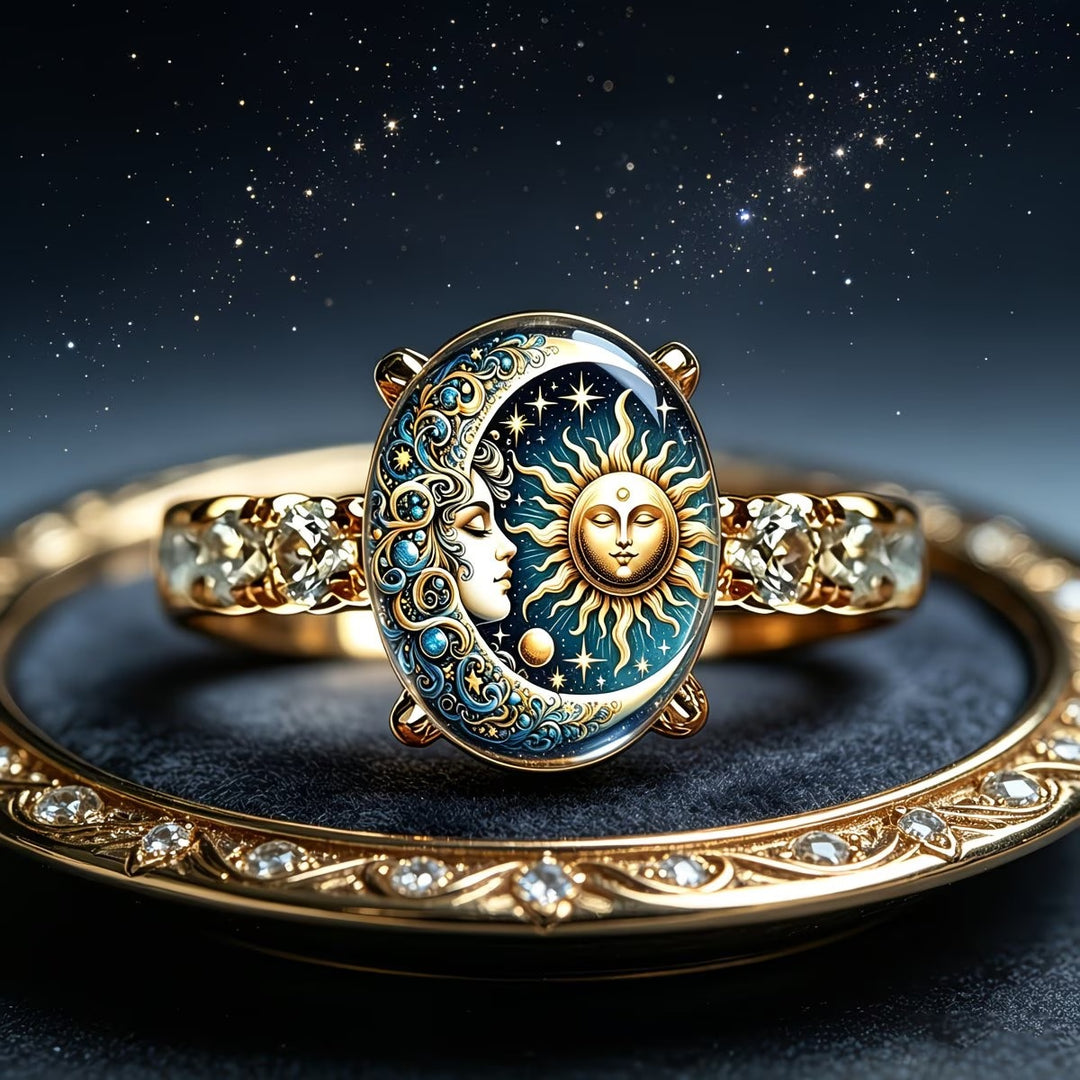 18K Gold Vintage Sun & Moon Ring Mysterious Celestial Art Ring