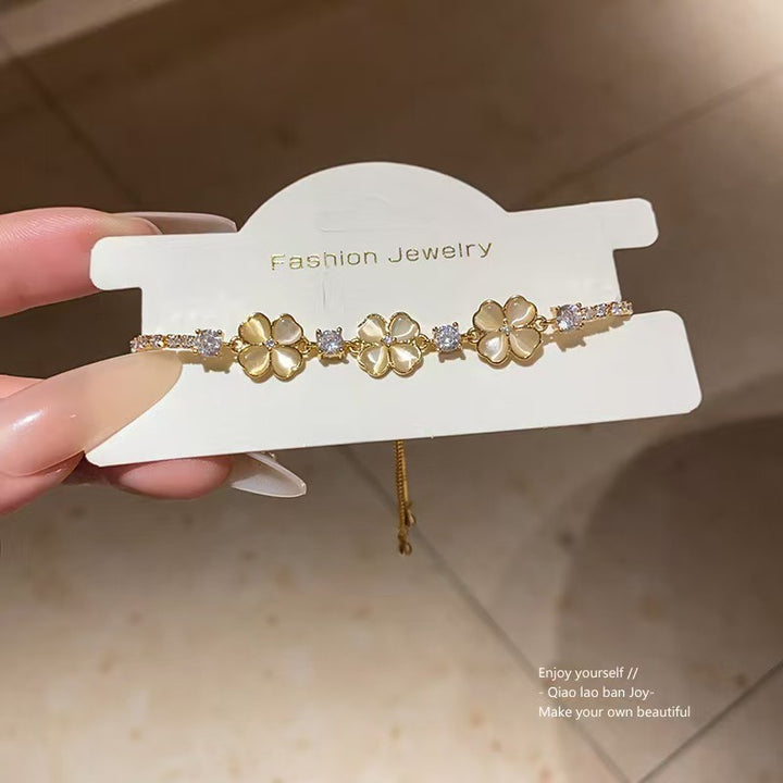 18K Gold Vintage Four-Leaf Clover Bracelet Elegant Pearl Shell & CZ Floral Jewelry