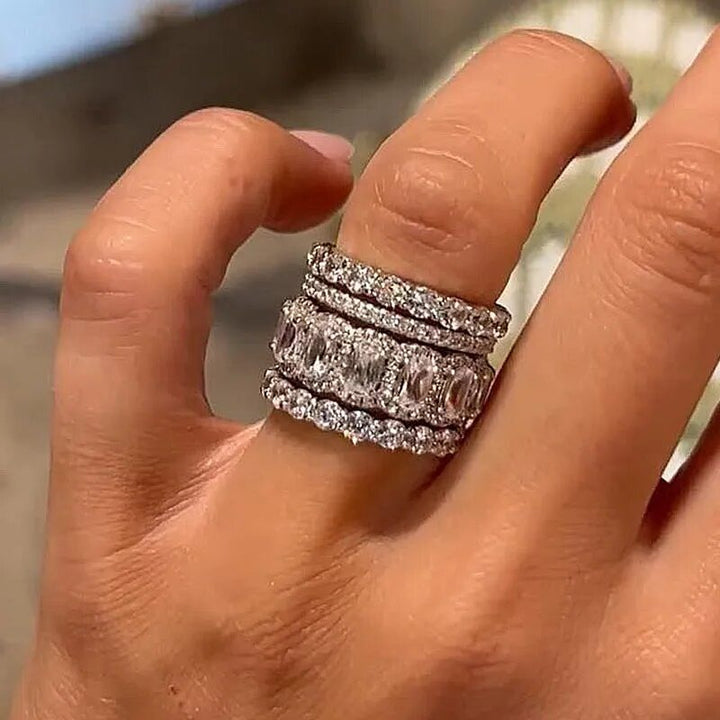 S925 Sterling Silver Emerald Cut 4-Piece Ring Set Luxe Full Eternity Stacking Set