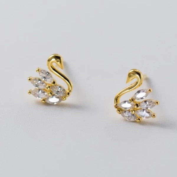 S925 Sterling Silver Elegant Swan Stud Earrings Marquise CZ Feather Design