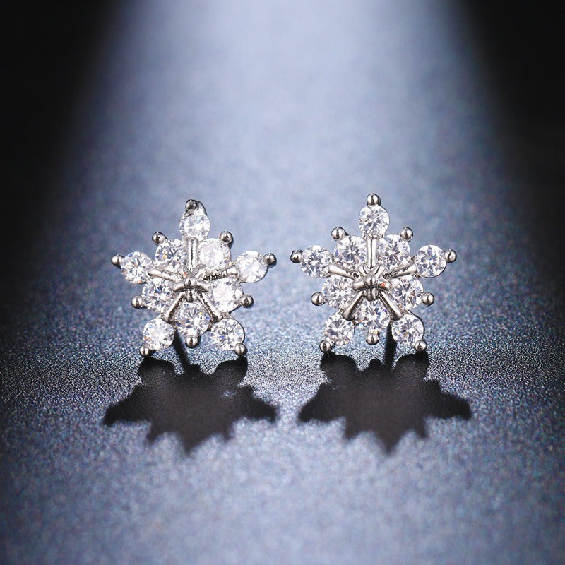 S925 Silver Dainty Snowflake CZ Stud Earrings Winter Holiday Jewelry