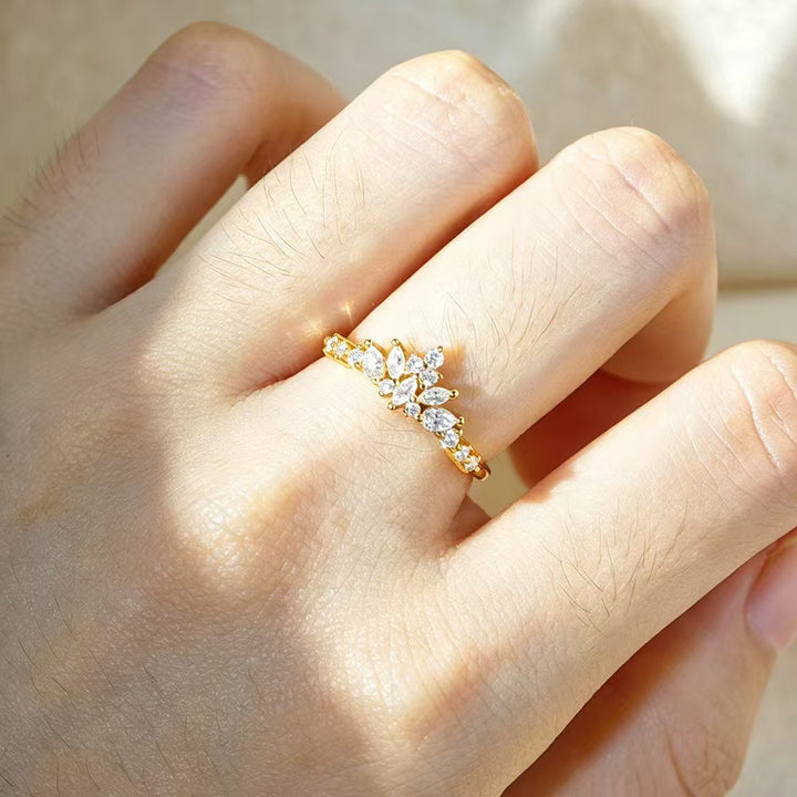 18K Gold Marquise Crown & Open Band Stackable Ring Set