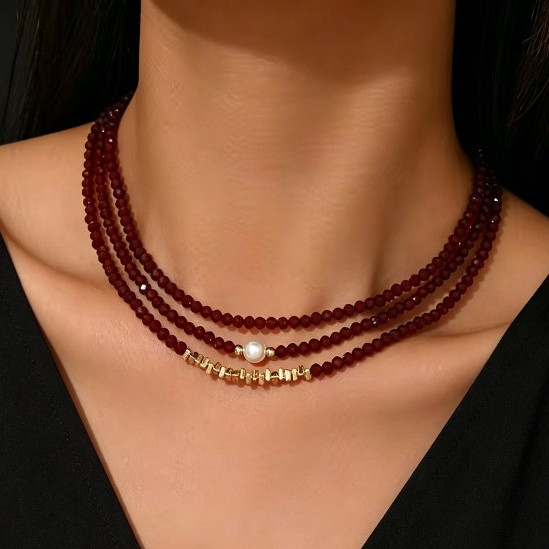 Vintage Garnet Red Beaded Pearl Necklace Set