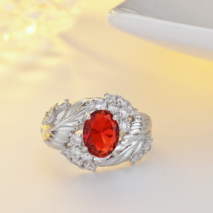 Vintage Feather & Leaf Open Ring Ruby or Champagne Center Stone