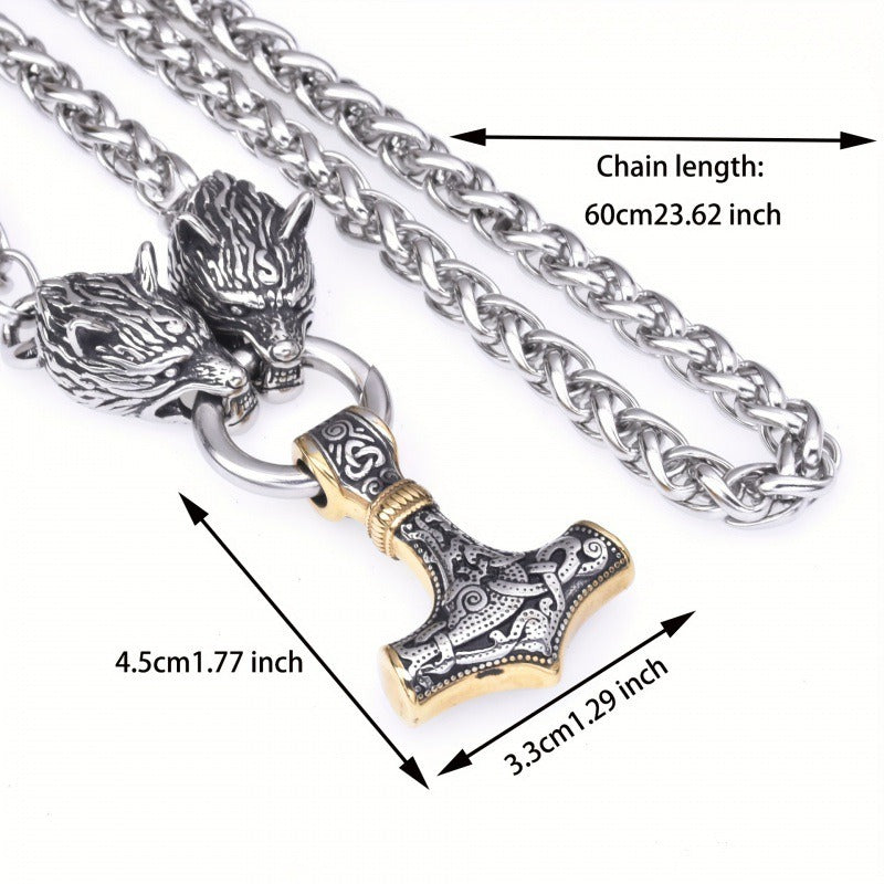 Viking Double Wolf Mjolnir Necklace