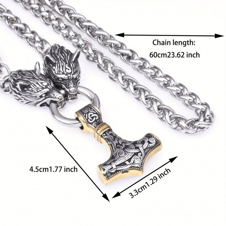 Viking Double Wolf Mjolnir Necklace