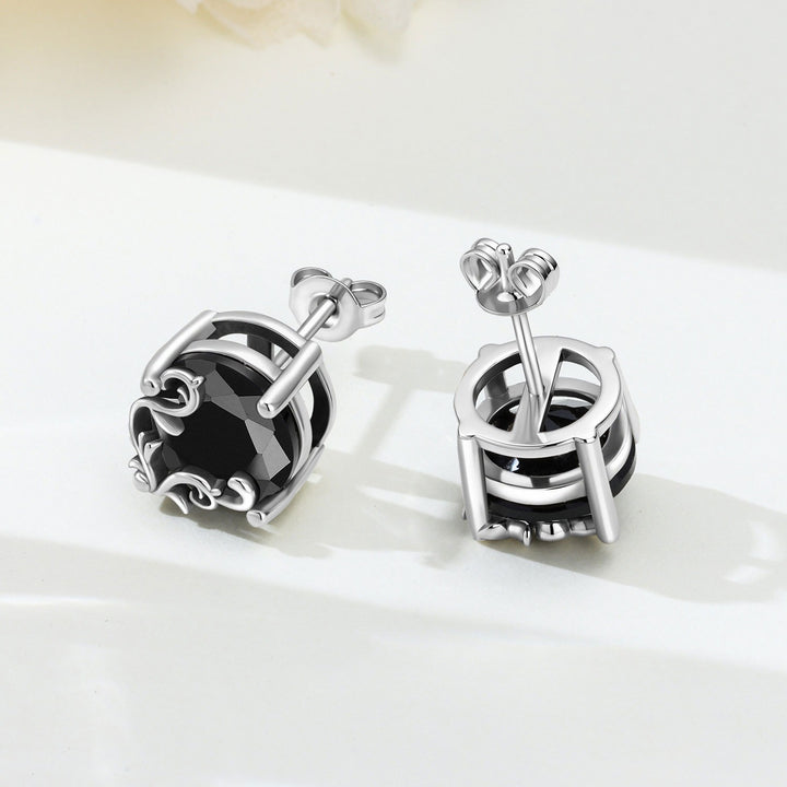 S925 Silver Vintage Vine Black Obsidian Stud Earrings