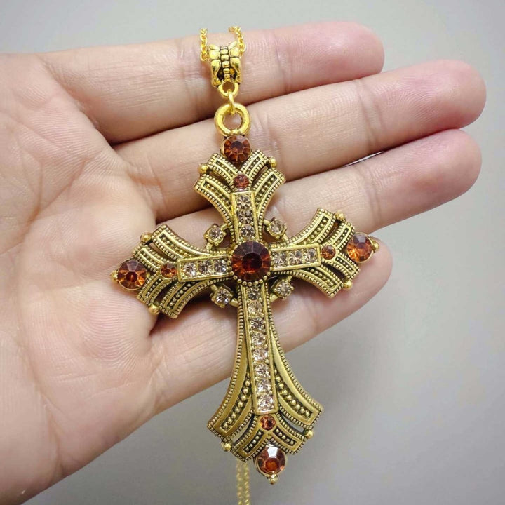 Vintage Byzantine Lavish Pave & Gemstone Cross Necklace