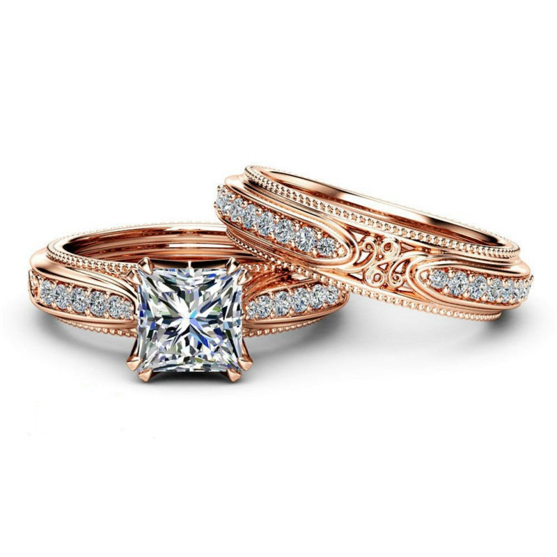 Vintage Rose Gold Princess Cut 2-Piece Ring Set