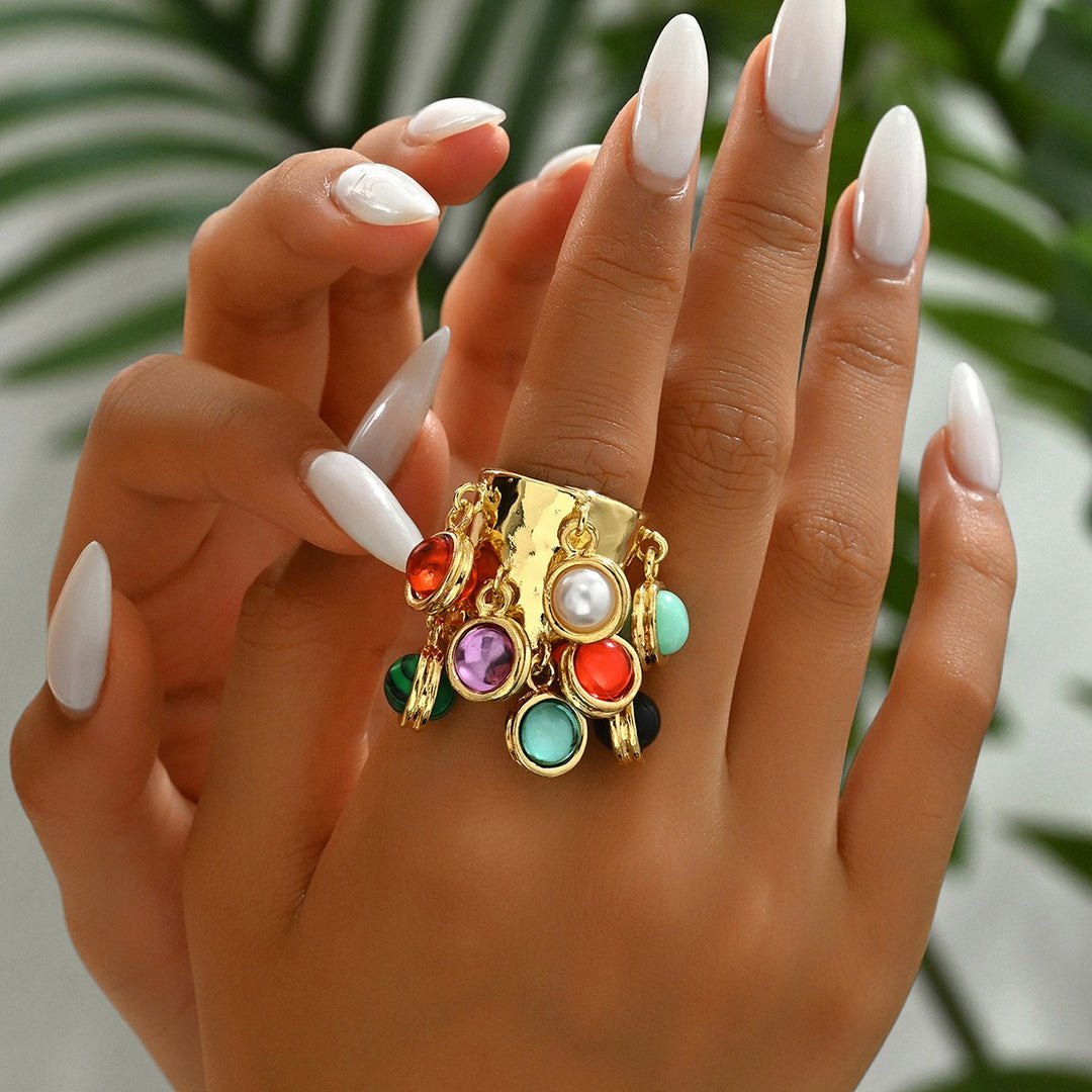 18K Gold Natural Stone Charm Open Ring Boho Vintage Wide Band Statement Ring