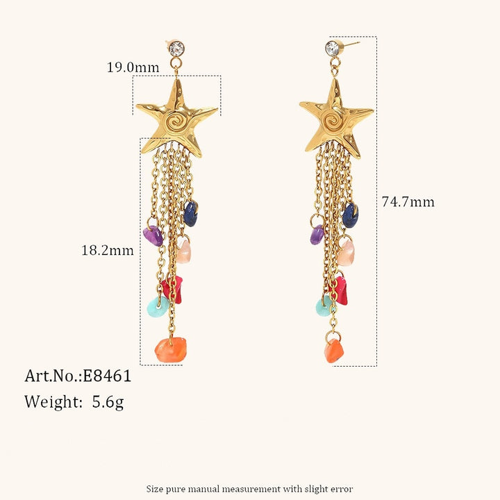 S925 Sterling Silver Starfish Natural Stone Tassel Earrings 18K Gold Bohemian Colorful Gemstone Dangle Earrings