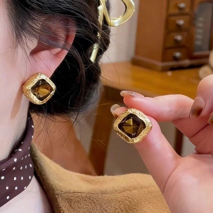 Vintage Amber Cushion Cut Stud Earrings